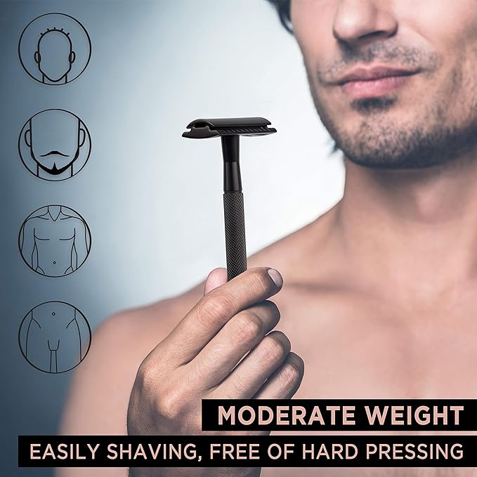 ZOMCHI Double Edge Safety Razor with 10 Safety Razor Blades, Single Blade Razor for Men with Razor Stand, Men's Safety Shaving Razors – Black