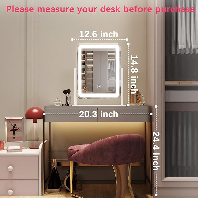 ROLOVE Vanity Mirror with Lights, 12.6"×15" LED Makeup Mirror, Lighted Makeup Mirror with Lights, Smart Touch Control Dimmable 3 Modes Light, Lighted Up Mirror for Makeup Desk, Bedroom, Dressing Room