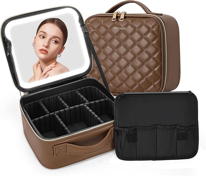 ZhenGuiRu Travel Makeup Bag with LED Mirror – Waterproof Cosmetic Train Case with Adjustable Dividers, Portable Makeup Organizer and Toiletry Bag for Women, Pink Teens & Girls Gift