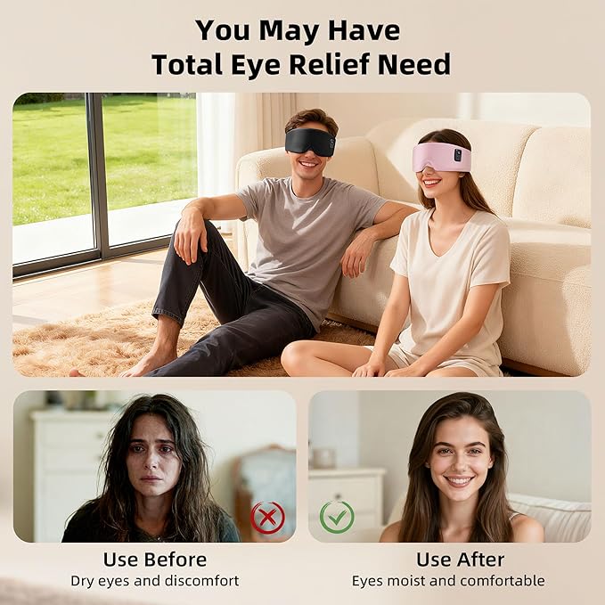 Heated Eye Mask for Dry Eyes, Cordless Warm Eye Compress 120-Min Battery, FSA - HSA Eligible, Eye Strain Relief, Washable Silk Travel Eye Mask with Extra Cover for Better Sleep (Pink & Black)