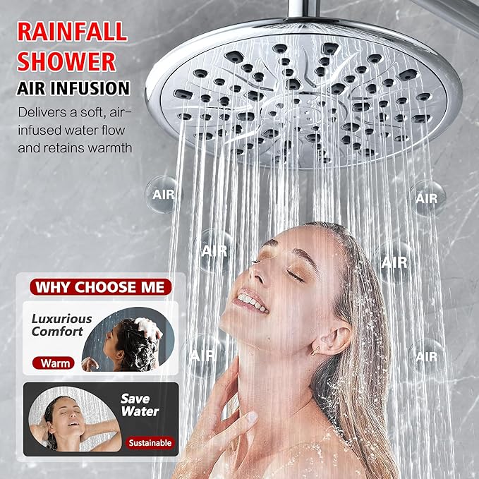 sumerain Modern Bathroom Shower System with High Pressure Rainfall Shower Head, 3-Setting Handheld Shower and Adjustable Slide Bar, Valve Included, Chrome Finish