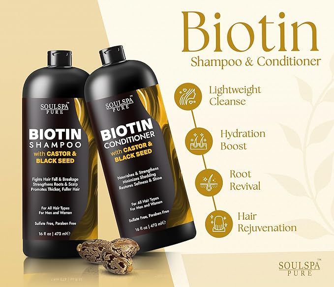 Biotin Shampoo and Conditioner Set with Castor & Black Seed | Sulfate Free Hair Care System for Thinning and Weak Hair | Nourishing Care for Dry Scalp for Men & Women – 16 fl oz Each | SOULSPA PURE