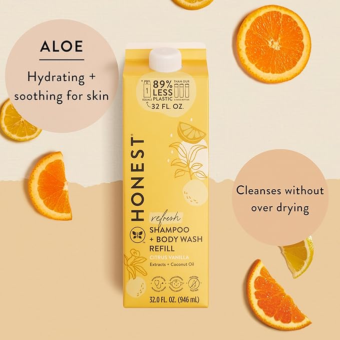 The Honest Company 2-in-1 Cleansing Shampoo Body Wash Refill Carton, Gentle for Baby, Naturally Derived, Tear-free, Hypoallergenic, Citrus Vanilla Refresh, 32 fl oz