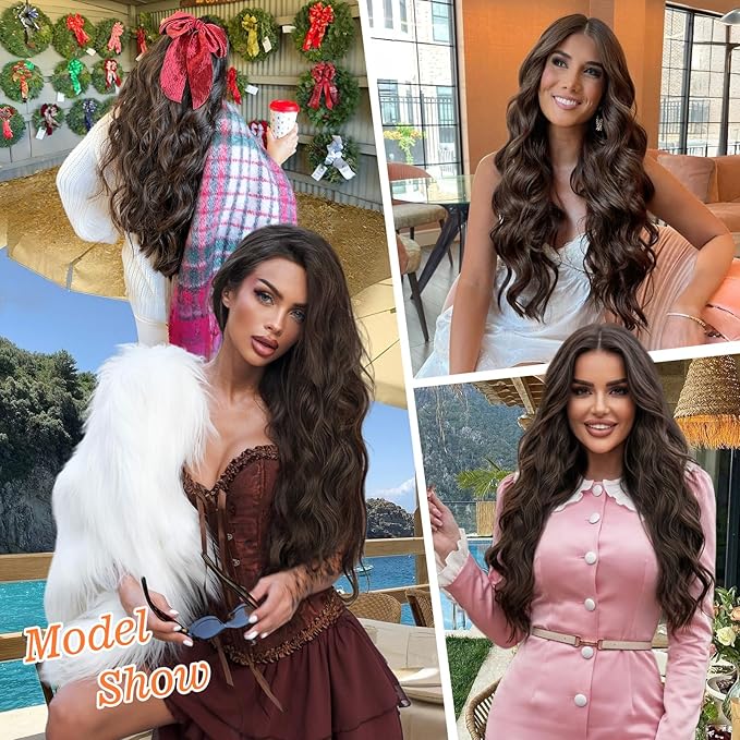 ALXNAN Clip in Long Wavy Synthetic Hair Extension 24 Inch Deep Chocolate Brown with Reddish Brown Highlights 4PCS Thick Hairpieces Fiber Double Weft Hair for Women