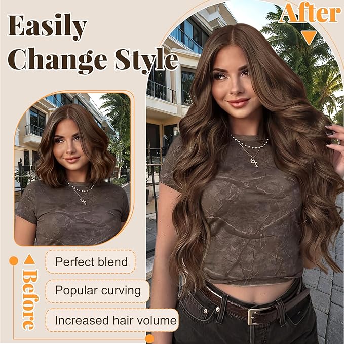 ALXNAN Clip in Long Wavy Synthetic Hair Extension 24 Inch Medium brown 4PCS Thick Hairpieces Fiber Double Weft Hair for Women