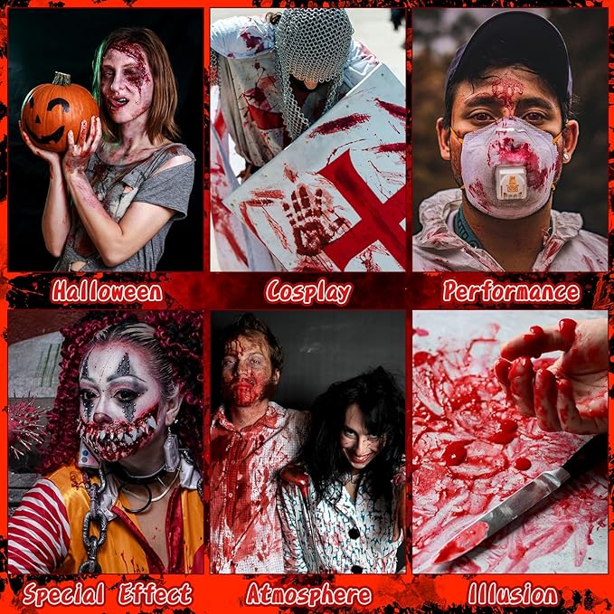 TonJin Halloween Fake Blood Makeup Kit, 3PCS Realistic Washable Costume Blood Set (1.69oz Spray + 1.69oz Dripping + 1.01oz Coagulated ) for Zombie Vampire SFX, Dark Coagulated & Fresh Spray Effects