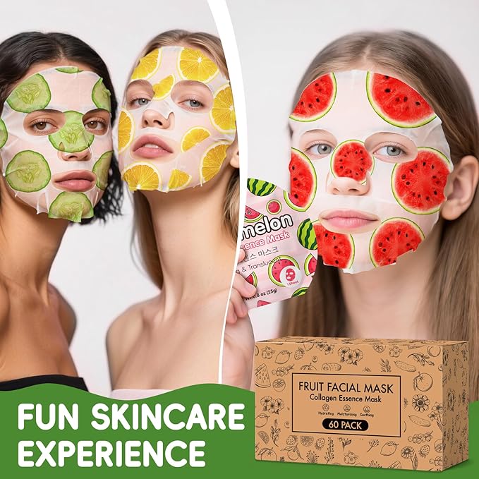 KONEUK 60 Pack Colorful Fruit Face Masks Skincare Set, Bulk Sheet Facial Mask for All Skin Types, Collagen Hydrating Face Mask for Women, Spa Party Gifts and Valentines Day Gifts (6 Types x 10 Pcs)