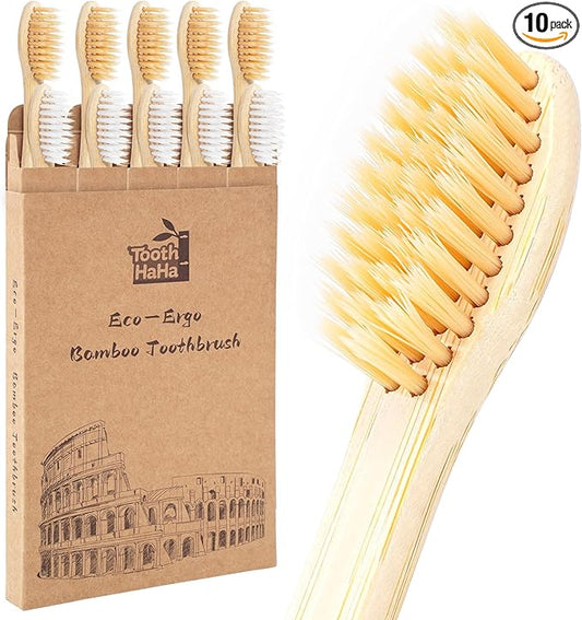 Bamboo Toothbrushes for Adults, BPA-Free Soft Tapered Bristles, Eco-Friendly Natural Organic Wooden Toothbrush, 10-Count Toothbrushes Travel Set