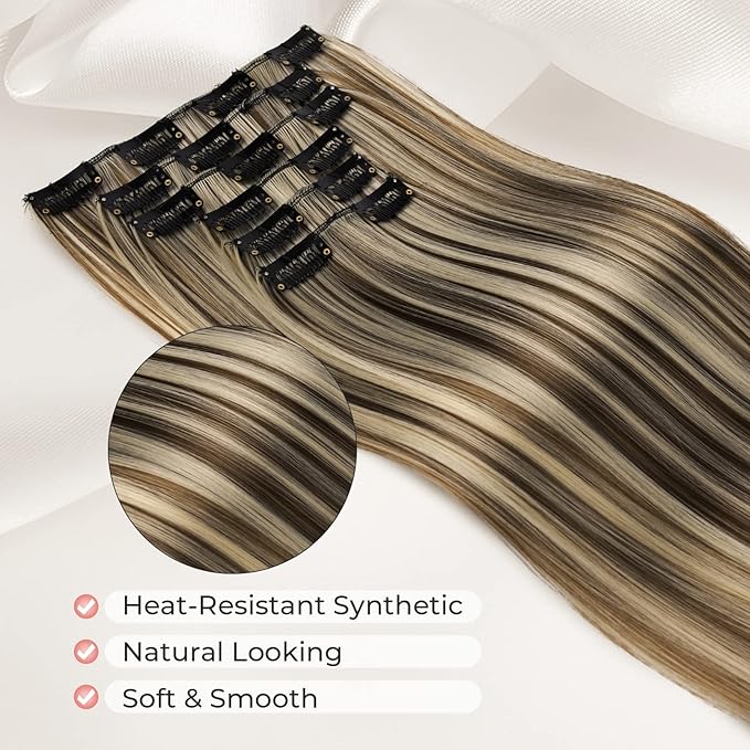 LONAI Clip In Hair Extensions, 6PCS Straight 24" Long Synthetic Clip On Hairpiece For Women