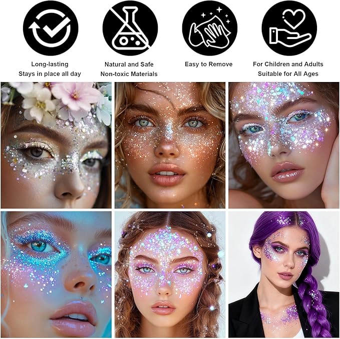 Carnival White Body Glitter Stick, Holographic Hair Glitter for Kids and Women, Waterproof Face Hair and Body Glitter Makeup, Rave Accessories Carnival Chunky Sequins, Sparkling Glitter Makeup