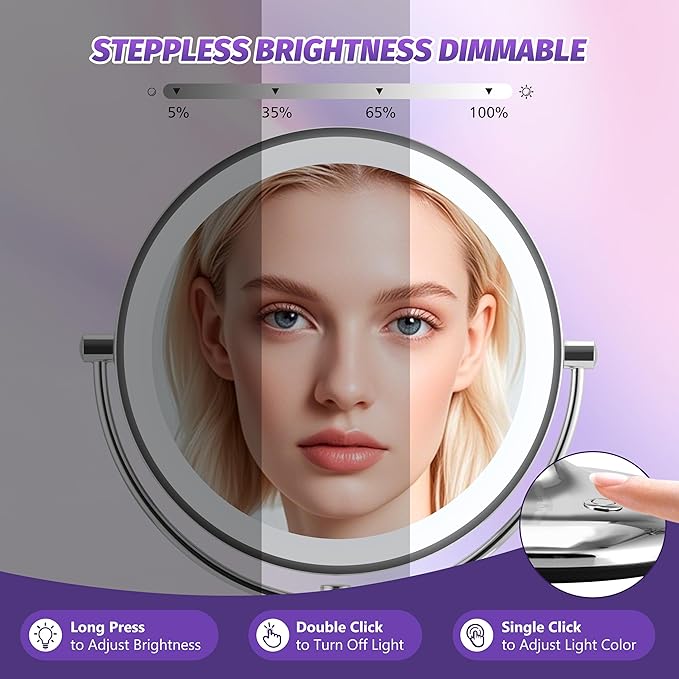 9" Makeup Mirror with Lights: 1X/15X Lighted Makeup Mirror with Magnification, True HD Magnifying Mirror with 3 Color Lights, 360°Rotation Double Sided Desk Mirror, Base Charging & Touch Switch,Chrome