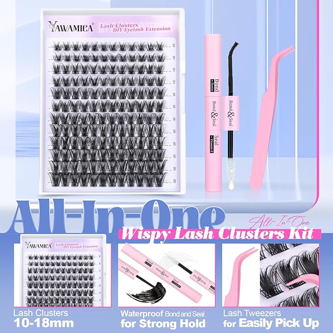 Yawamica Lash Extension Kit Wispy Lash Clusters Kit C Curly Eyelash Clusters 10-18mm Cluster Eyelash Extensions Kit Soft Individual Lashes DIY Lash Kit with Lash Cluster Glue Lash Tweezers by Self