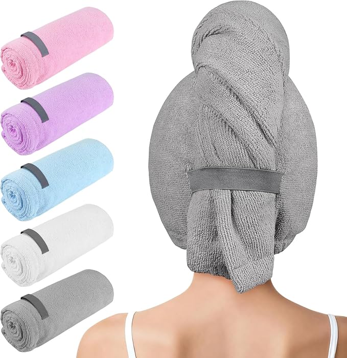 AIDEA Microfiber Hair Towel, Open Wide-End Hair Towels, Super Absorbent Hair Towel Wrap for Women, 5Pack, 31.5×18.9 inch