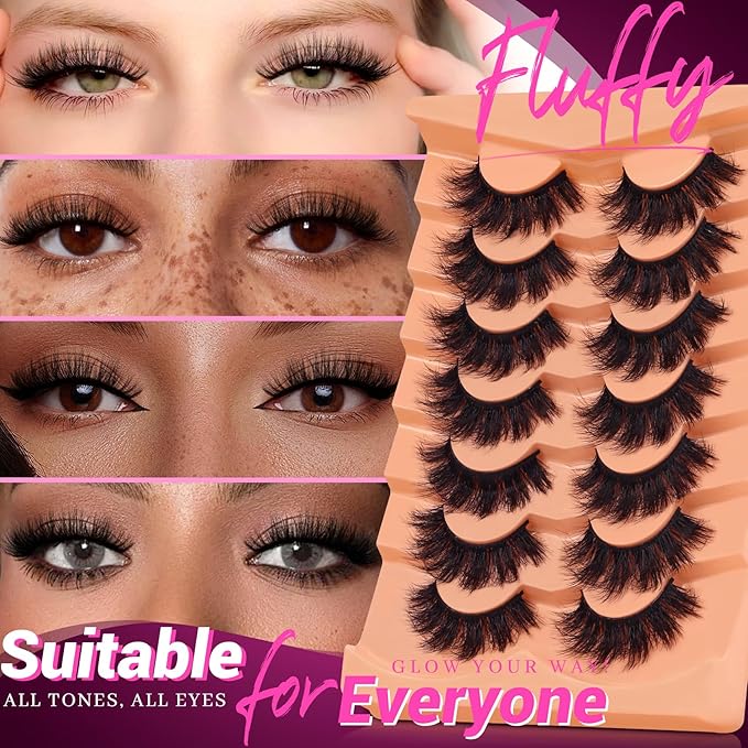 Veleasha Fluffy Lashes D Curl Soft Volume False Eyelashes Faux Mink Eyelashes Downy 10-18MM Thick Lashes Fuzz Fake Dramatic 7 Pairs Eyelash Pack (831)