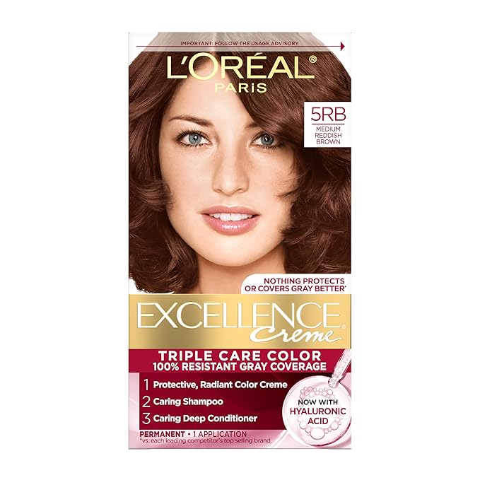 L'Oreal Paris Excellence Crème Permanent Hair Dye, Triple Care Hair Color with Hyaluronic Acid for 100% Gray Coverage, 5RB Medium Reddish Brown, 1 Kit (Packaging May Vary)