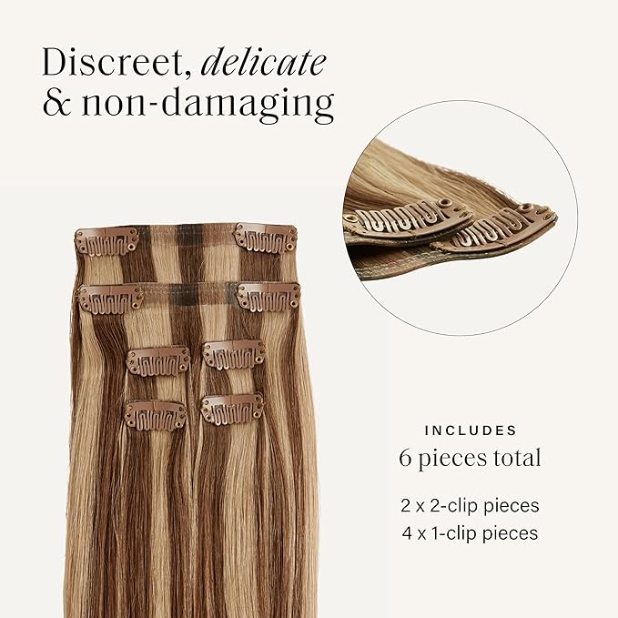 Luxy 100% Remy Human Hair Extensions for Thin Hair Thinning Hair Fill-Ins – 6 Seamless Wefts Multi-Dimensional Color Blend - Natural-Looking Volume & Coverage 80 grams 16" Chestnut Brown Highlights