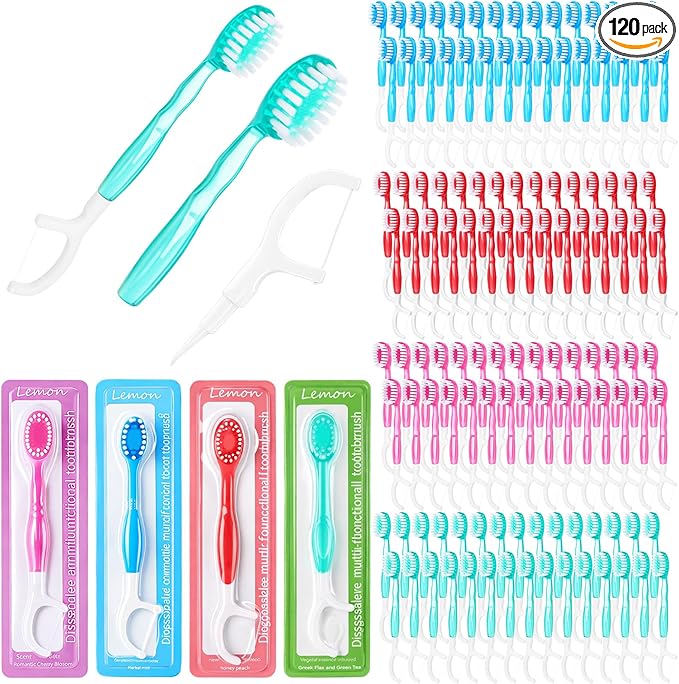 LemonRoad 120 Count Disposable Mini Travel Toothbrushes 5 in 1 Pre-Pasted Mini Brushes Floss Pick Scraper, Mint Peach Sakura Green Tea Flavors Individually Wrapped Portable Set