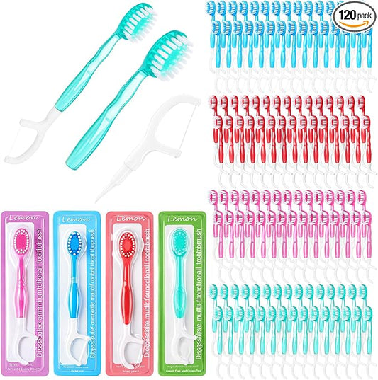 LemonRoad 120 Count Disposable Mini Travel Toothbrushes 5 in 1 Pre-Pasted Mini Brushes Floss Pick Scraper, Mint Peach Sakura Green Tea Flavors Individually Wrapped Portable Set