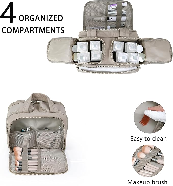 BUZFOWU Travel Toiletry Bag for Women, Large Wide-open Puffy Cosmetic Makeup Bag with Wet-Dry Separation, Multi-Pocket Organizer with Carry Handle for Toiletries, Cosmetics, Essentials, Camel