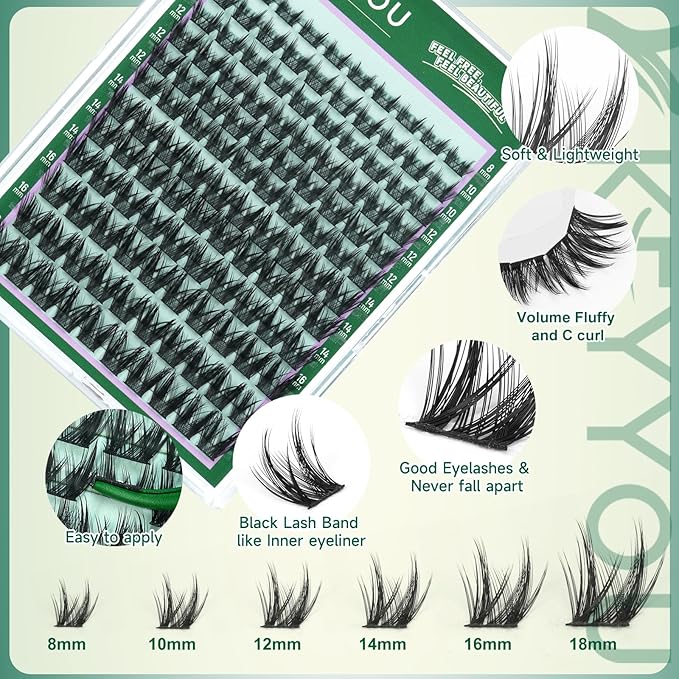 KEYYOU LASH Lash Clusters Manga Lashes 8-18mm C Curl Wispy Eyelash Clusters Ultra-Thin Natural Lashes Cluster with Spike Eyelash Extensions 120pcs Fairy False Eyelashes individual at home（F04，8-18mm）