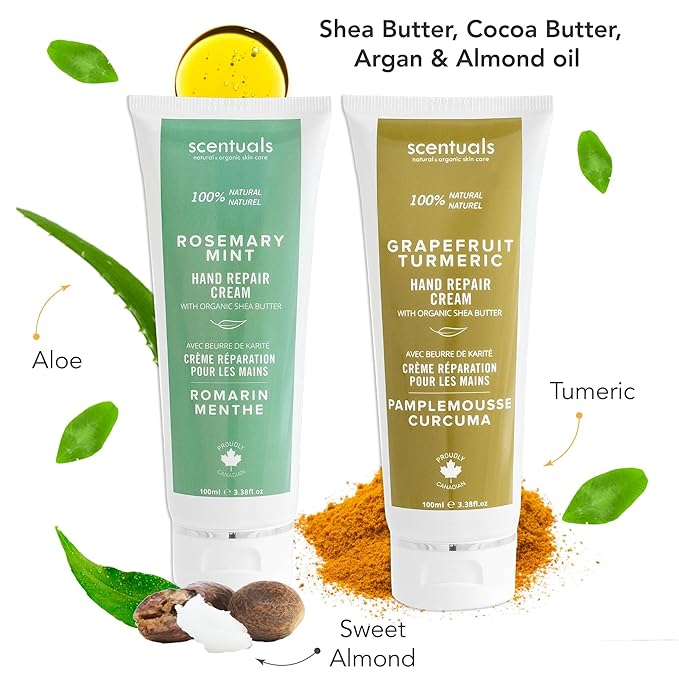 Scentuals Hand Cream Set of 2, with Shea Butter, Cocoa Butter, Argan & Almond oil, Moisturizing Dry Hands. Rosemary Mint + Grapefruit Turmeric (100ml x 2/3.38 fl.oz x 2)