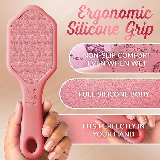 Nano Glass Foot File - Silicone Foot Callus Remover for Feet and Cracked Heels - Heel Scraper for Dead Skin - Ergonomic Foot Scrubber & Exfoliator for Shower with Non-Slip Grip - Pink