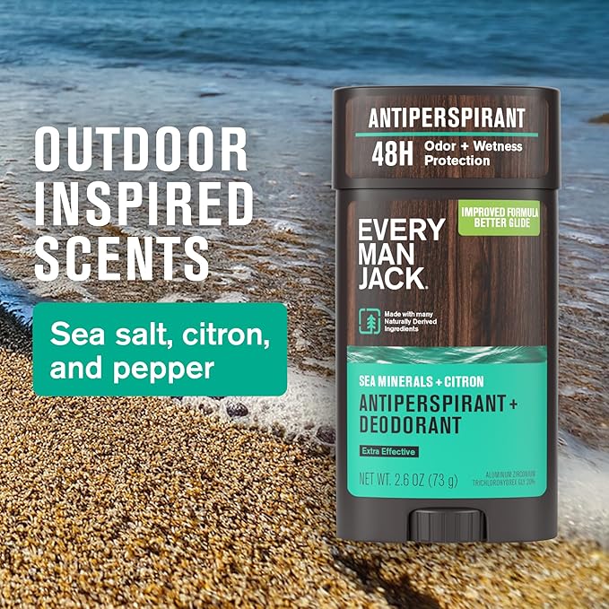 Every Man Jack Men’s Sea Minerals + Citron Antiperspirant Deodorant – New & Improved Formula – 48-Hour Odor & Sweat Defense– 2.6 oz (2 Pack)