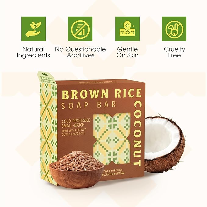 VIETNAT Brown Rice & Coconut Milk Soap Bar (Pack of 5) – 2-in-1 Exfoliating & Moisturizing Handmade Soap, Cold Process Bar with Brown Rice & Coconut Oil, Made in Vietnam