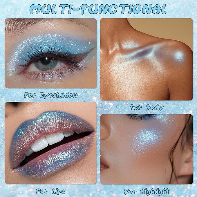 Glitter Eyeshadow,Multichrome Holographic Blue Shimmer Eye Shadow,Chameleon High Pigmente Sparkly Shadows Palette，Iridescent Metallic Eye Highlighter，Makeup for Rave，LongWear,02#
