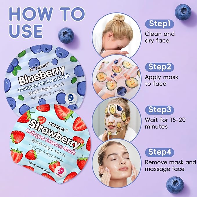 KONEUK 36 Pack Colorful Fruit Face Mask Set, Hydrating & Moisturizing, Bulk Sheet Facial Mask for All Skin Types, Collagen Face Masks Skincare for Women, Valentines Day Gifts and Spa Party Gifts