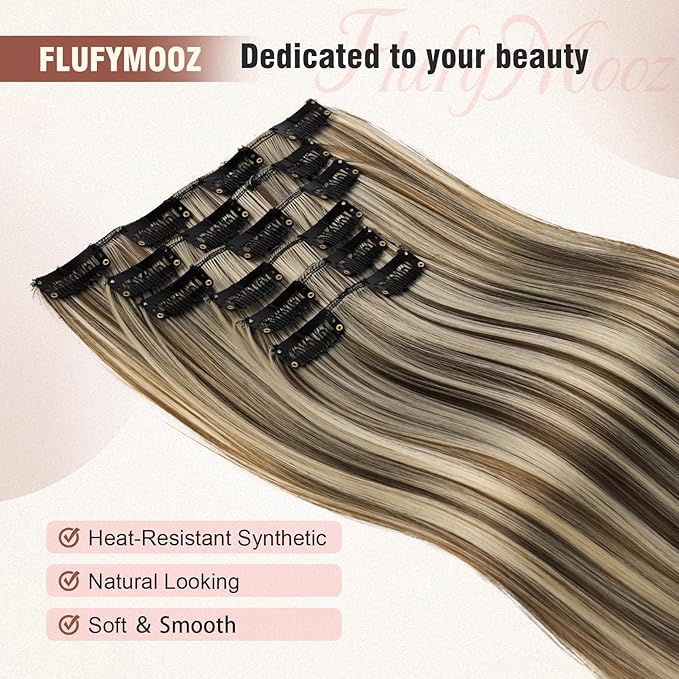 FLUFYMOOZ 6PC Clip in Hair Extensions 24" Straight Long Extensions for Women Synthetic Hairpiece (Chocolate Brown with Blonde Highlights)