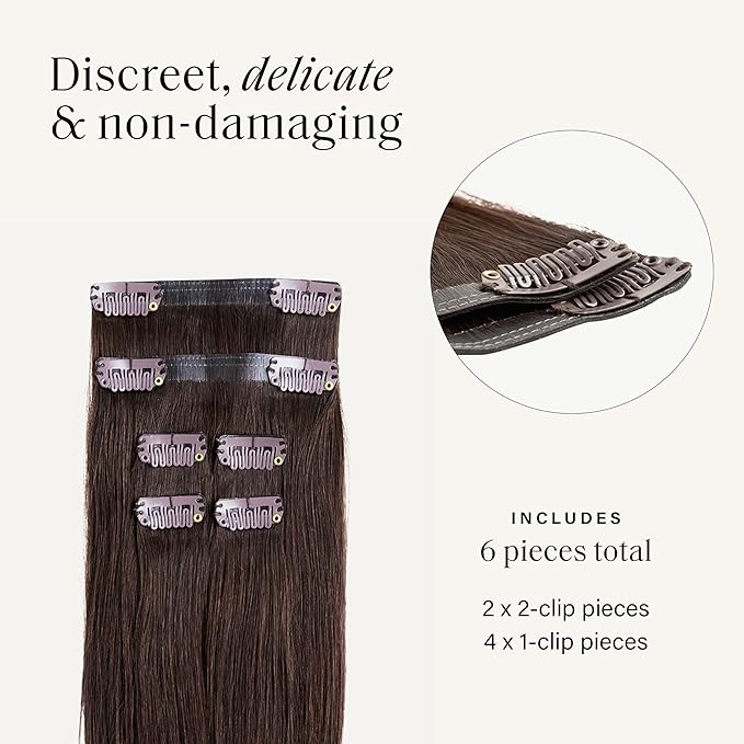 Luxy 100% Remy Human Hair Extensions for Thin Hair Thinning Hair Fill-Ins – 6 Seamless Wefts Multi-Dimensional Color Blend - Natural-Looking Volume & Coverage 80 grams 16" Chocolate Brown Thinning