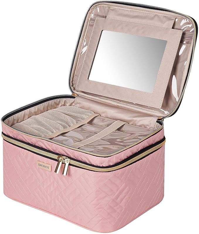 BAFAMYE 8.8L Double Layer Travel Makeup Bag With Mirror For Women, Large Cosmetic Case, Organizer for Travel-Size Accessories Bottles, Brushes,and Skin Care Products, 2.33 GAL, Pink