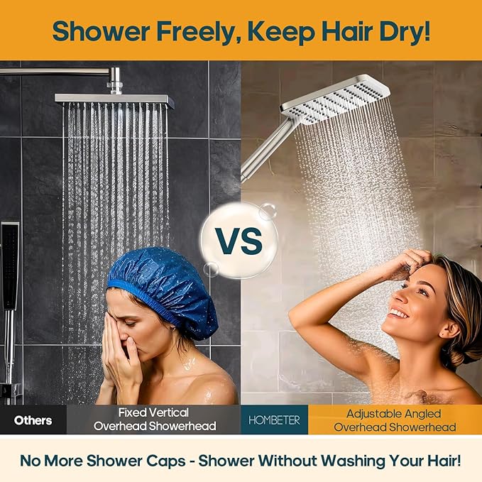 Hombeter Shower Heads with Handheld Spray Combo Brushed Nickel, 10 Inch High Pressure Rain/Rainfall Shower Head, Height Adjustable Dual 2 in 1 Shower Head System with Stainless Steel Hose