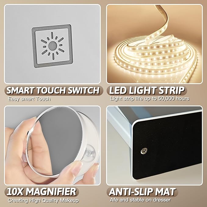 HNV 16"x12" Vanity Mirror with Lights, Hollywood Lighted Makeup Mirror with 10X Magnification, Smart Touch Control, 3 Color Dimmable LED, Square Frame Tabletop or Bathroom Dresser Mount (White)