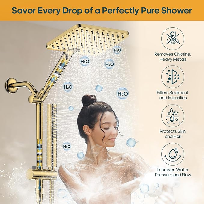 Hombeter Filtered Shower Head with Handheld Spray Combo High Pressure Rain Shower Head Dual Shower Head with Filters - Removes Chlorine Height Adjustable & Built-in Power Wash (Gold)