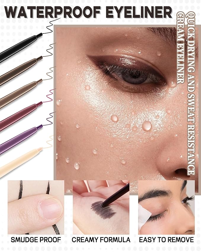 Nude Gel Waterline Eyeliner, Glides on Smooth Eyeliner Pencil, Matte Cream Soft Texture, Waterproof Smudge-Proof Long Wear Eye Liner, Retractable Beige Eye Liner Brightener Pen with Sharpener(2Pcs)