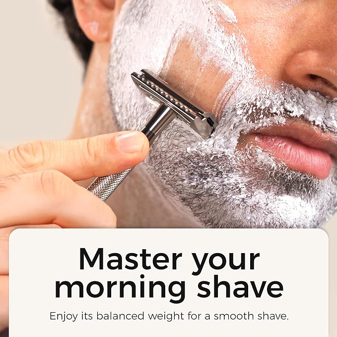 ZOMCHI Double Edge Safety Razor for Men & Women, Eco-Friendly Metal Shaver with 5 Refill Blades, Reusable Manual Razor for Smooth Close Shave – Matte Silver