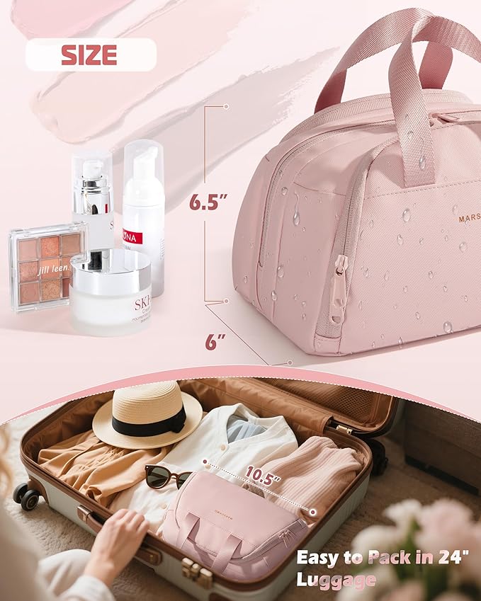 Marscamd Travel Toiletry Bag for Women, Waterproof Makeup & Cosmetic Organizer with Leakproof Pockets for Bathroom or Vanity Use, Pink
