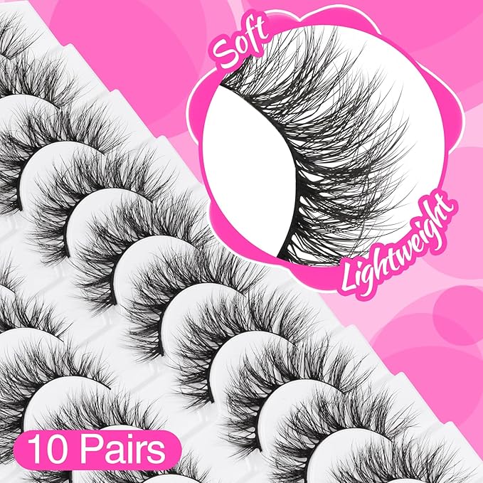 Veleasha Wispy False Eyelashes Cat Eye Lashes 3D Natural False Lashes C Curl Fake Eyelshes 100% Handmade Lash Strips Lightweight Fake Lashes Natural Look 10 Pairs Pack (Reverie)