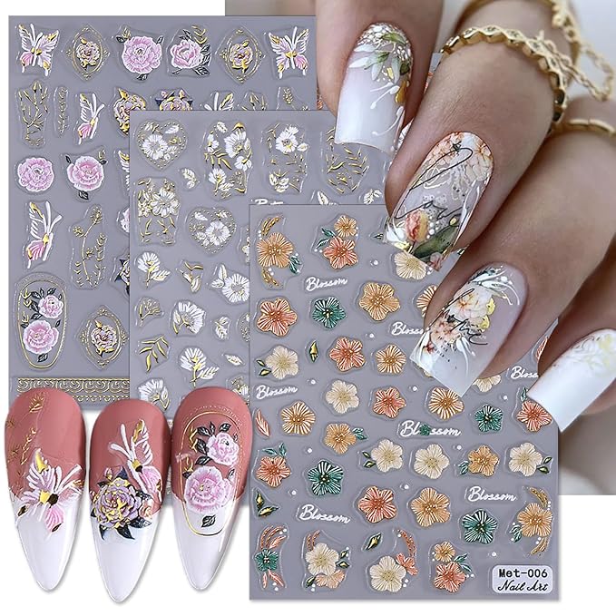 Flowers Nail Art Stickers Decal 5D Embossed Self Adhesive Flowers Nail Decals Design Pink Yellow White Daisy Peony Relief Floral Nail Stickers for Women Girls DIY Manicure Tip Decoration 3 Sheets