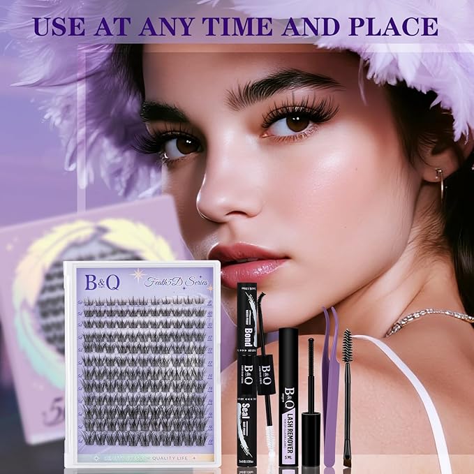 B&Q Lash Clusters Kit Wispy Fluffy - Feath5D 07 Eyelash Clusters Kit with Glue & Tools, Feathered Lightweight Lash Kit, 8-18mm C Curl Waterproof False Lashes