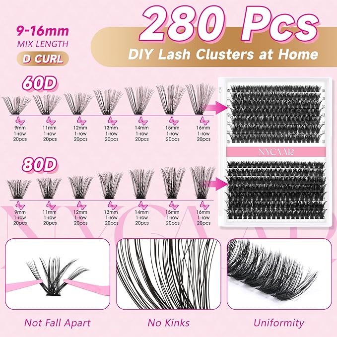 DIY Lash Extension Kit 280Pcs Individual Eyelash Extension Kit 60D80D 0.07D Curl 9-16MIX Lash Clusters Kit with Lash Glue Remover Applicator Easy to Use for Beginners