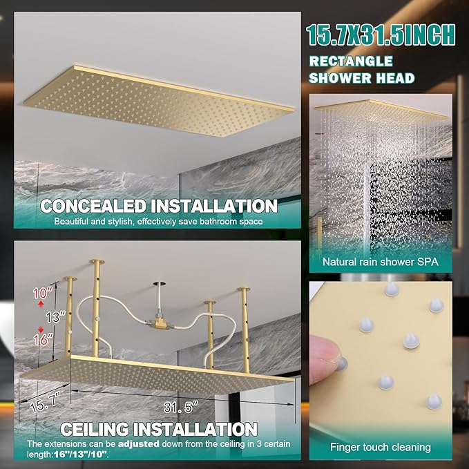 HOMEDEC 15.7x31.5" Rainfall and 6" Dual Shower Heads with Handheld Spray Combo, Full Body Shower System with 6pcs Body Jets, Brushed Gold