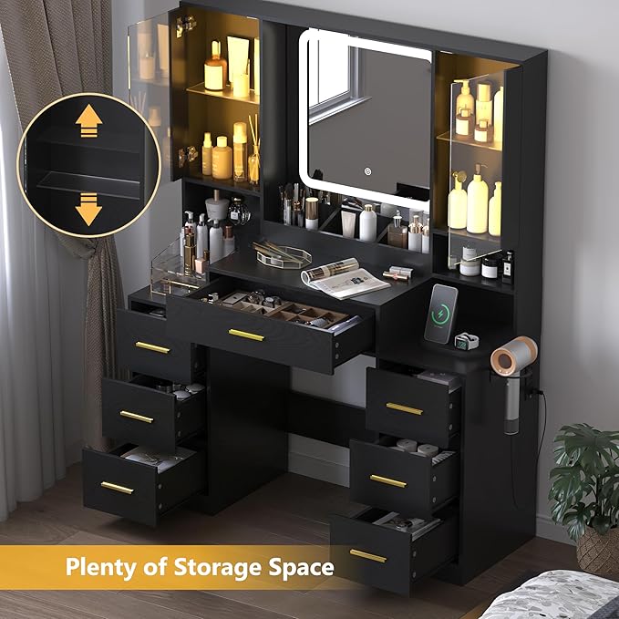 Black Makeup Vanity Desk with Mirror & Lights, Modern Vanity Table with Charging Station, 7 Drawers, Glass Cabinet, Adjustable Shelves, Bedroom Dressing Table Set for Women & Girls
