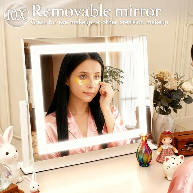 HNV 16"x13" Vanity Mirror with Lights, Hollywood Lighted Makeup Mirror with 10X Magnification, Smart Touch Control, 3 Color Dimmable LED, Rounded Frame Tabletop or Bathroom Dresser Mount (White)