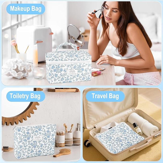 URSKYTOUS 2Pcs Cotton Quilted Makeup Bag for Women Extra Large Small Travel Cosmetic Bag Set Cute Blue Floral Print Makeup Pouch Portable Toiletry Bag Organizer Coquette Vintage Puffy Travel Essential