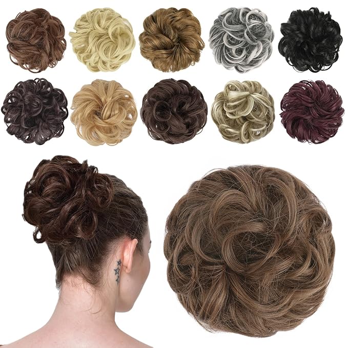 FESHFEN Messy Bun Hair Piece - Wavy Synthetic Chignon Scrunchies for Instant Volume, Elastic Bun Ponytail Hair Extensions Thick Hairpieces for Women, Golden Brown 1.50 oz