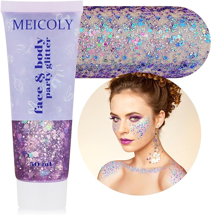 MEICOLY Chameleon Purple Hair Glitter,Holographic Chunky Face Body Glitter,Mardi Gras Accessories for Women,Self-Adhesive Color Changing Mermaid Face Glitter,Festival Makeup for Face Body Hair