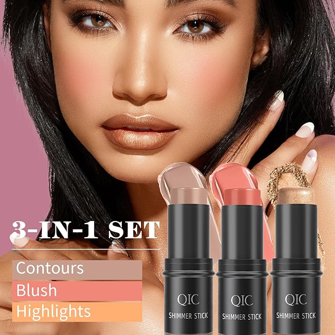 3 Pcs Contour Highlighter Stick Cream Blush for Set（Send brushes）